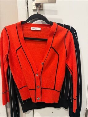 Dior Bright Red V-Neck Button Cardigan with Black Trim